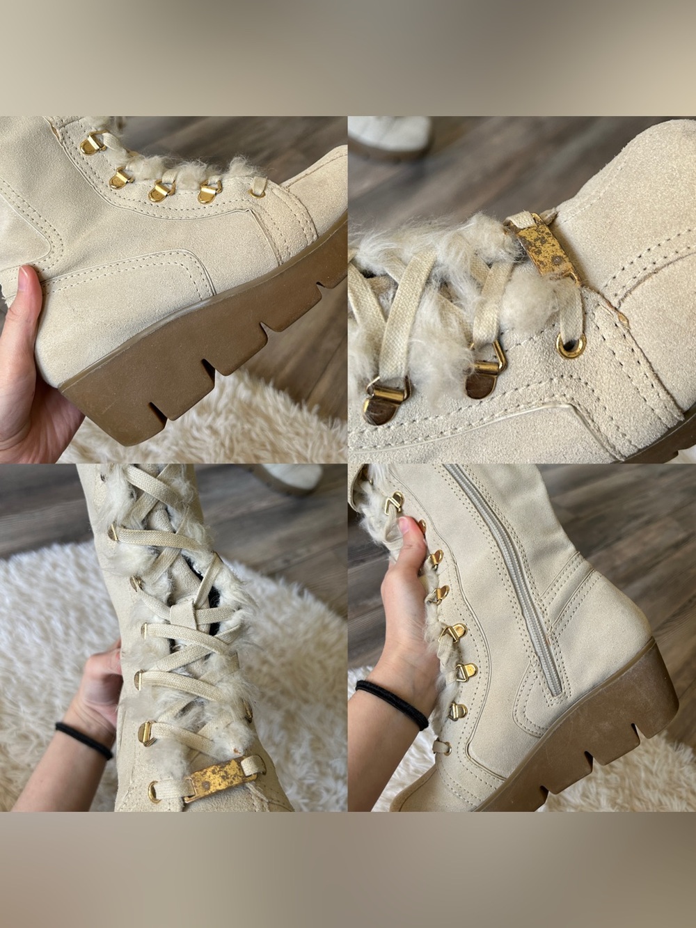 Y2K Coquette “Aldo” Cream and Gold Suede Faux Fur Trim Lace-up Wedge Boots - Picture 2 of 6
